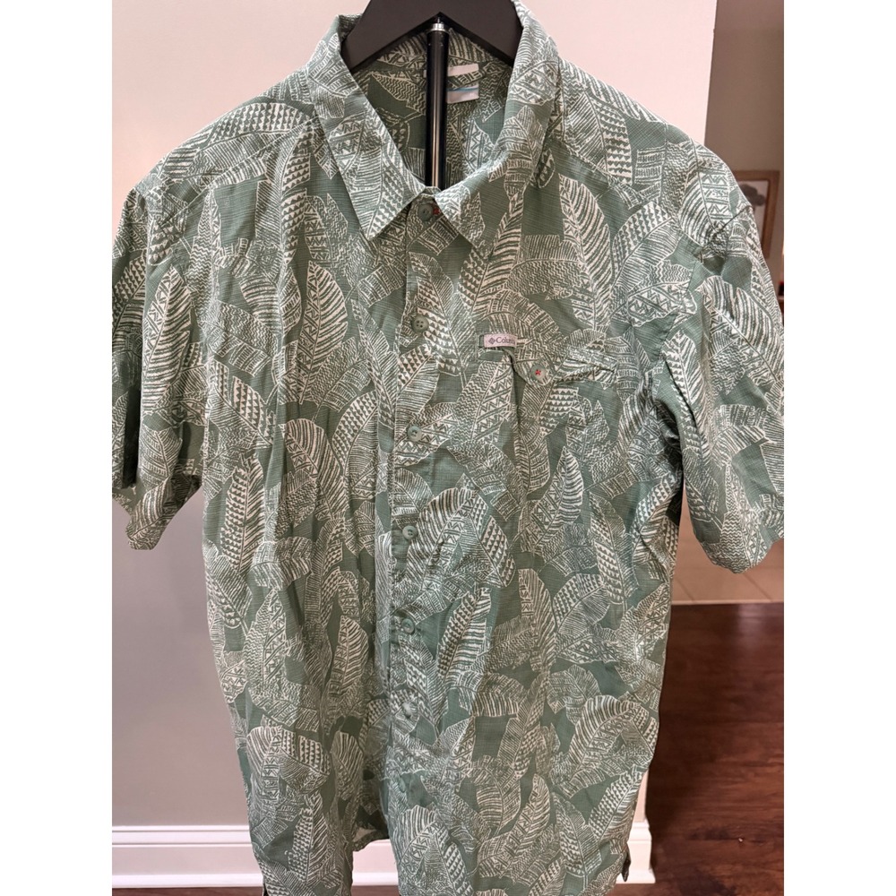 Columbia Mens Green Tropical Palm‎ Leaf Print Short Sleeve Button Down Shirt M